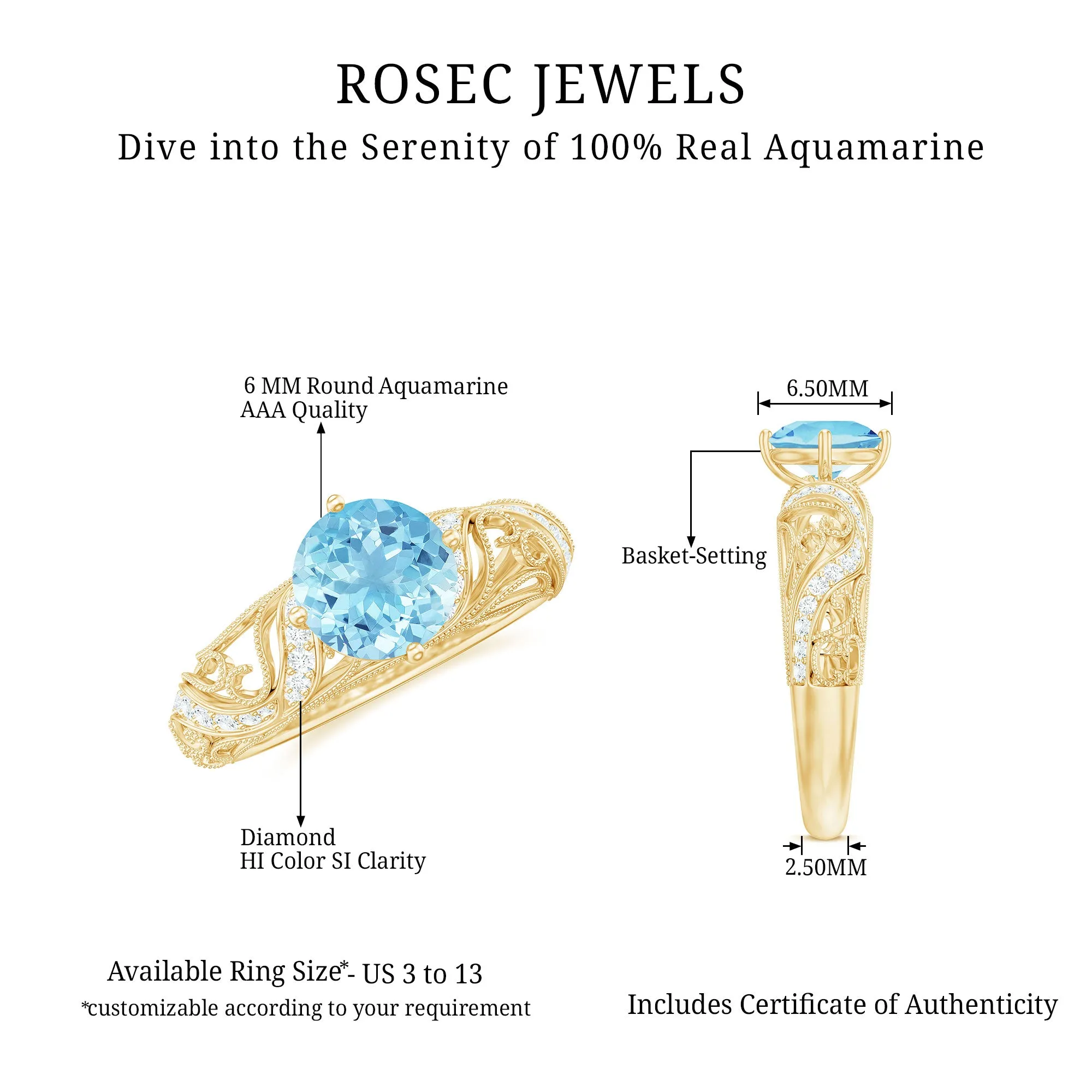 1 CT Vintage Engagement Ring with Aquamarine and Diamond