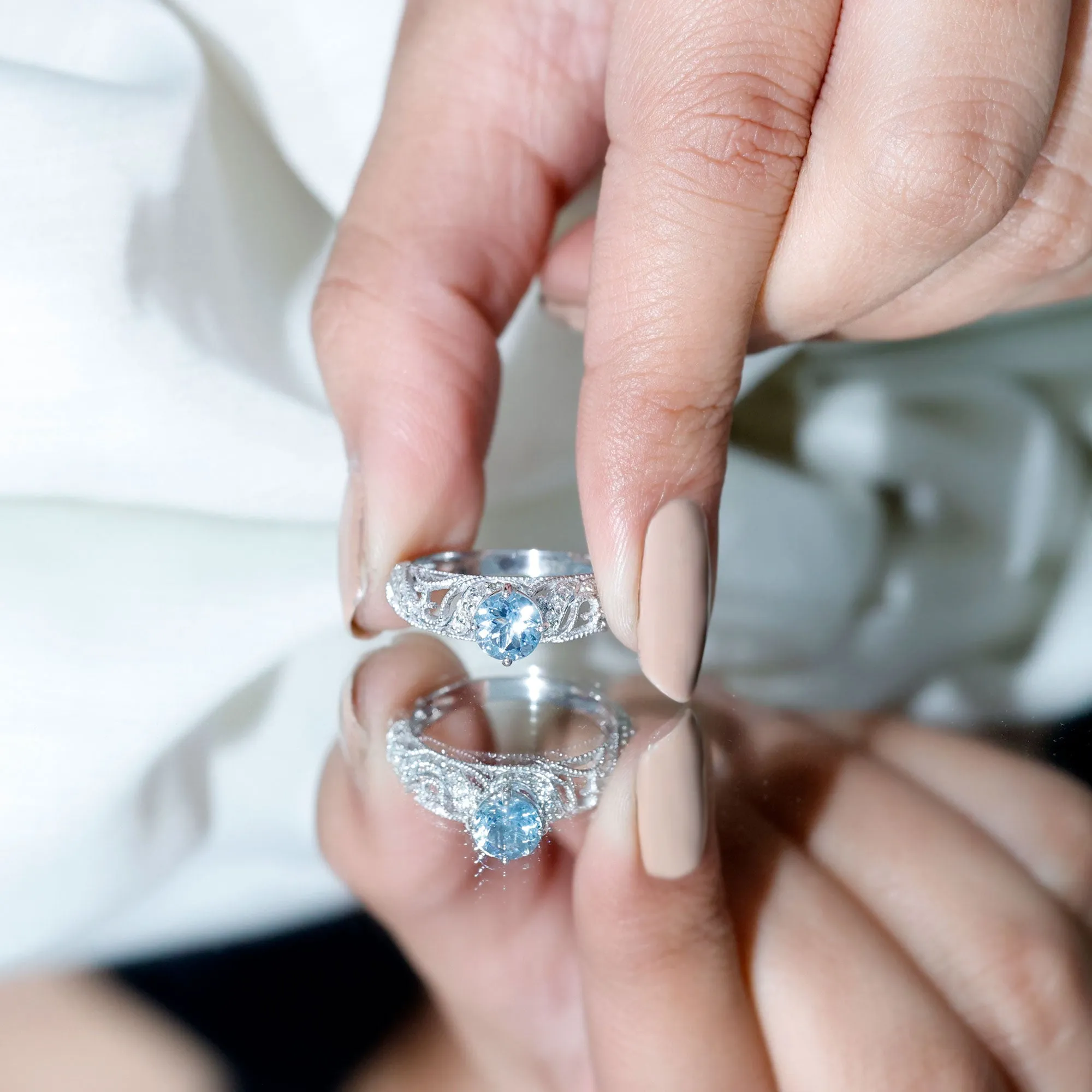1 CT Vintage Engagement Ring with Aquamarine and Diamond