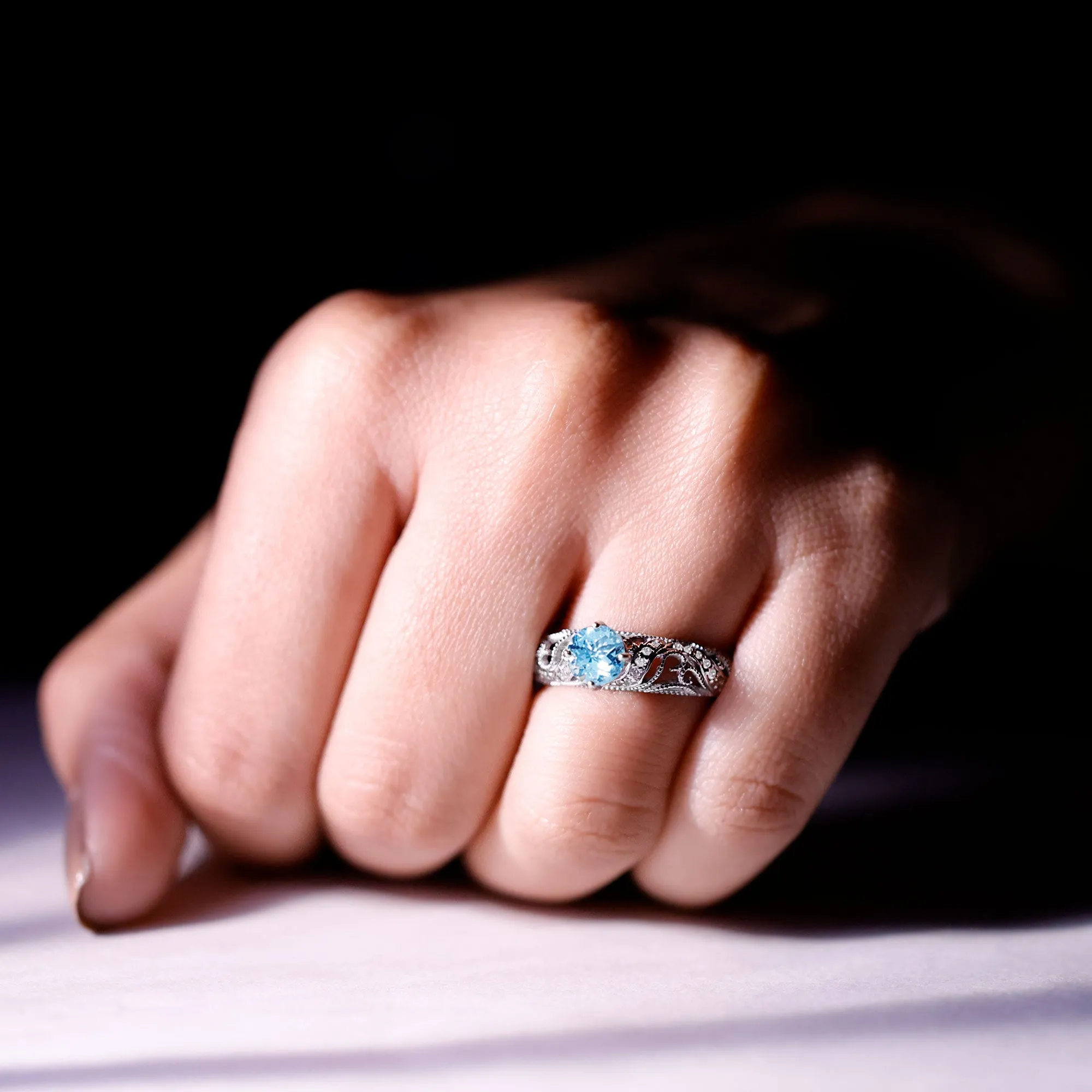 1 CT Vintage Engagement Ring with Aquamarine and Diamond