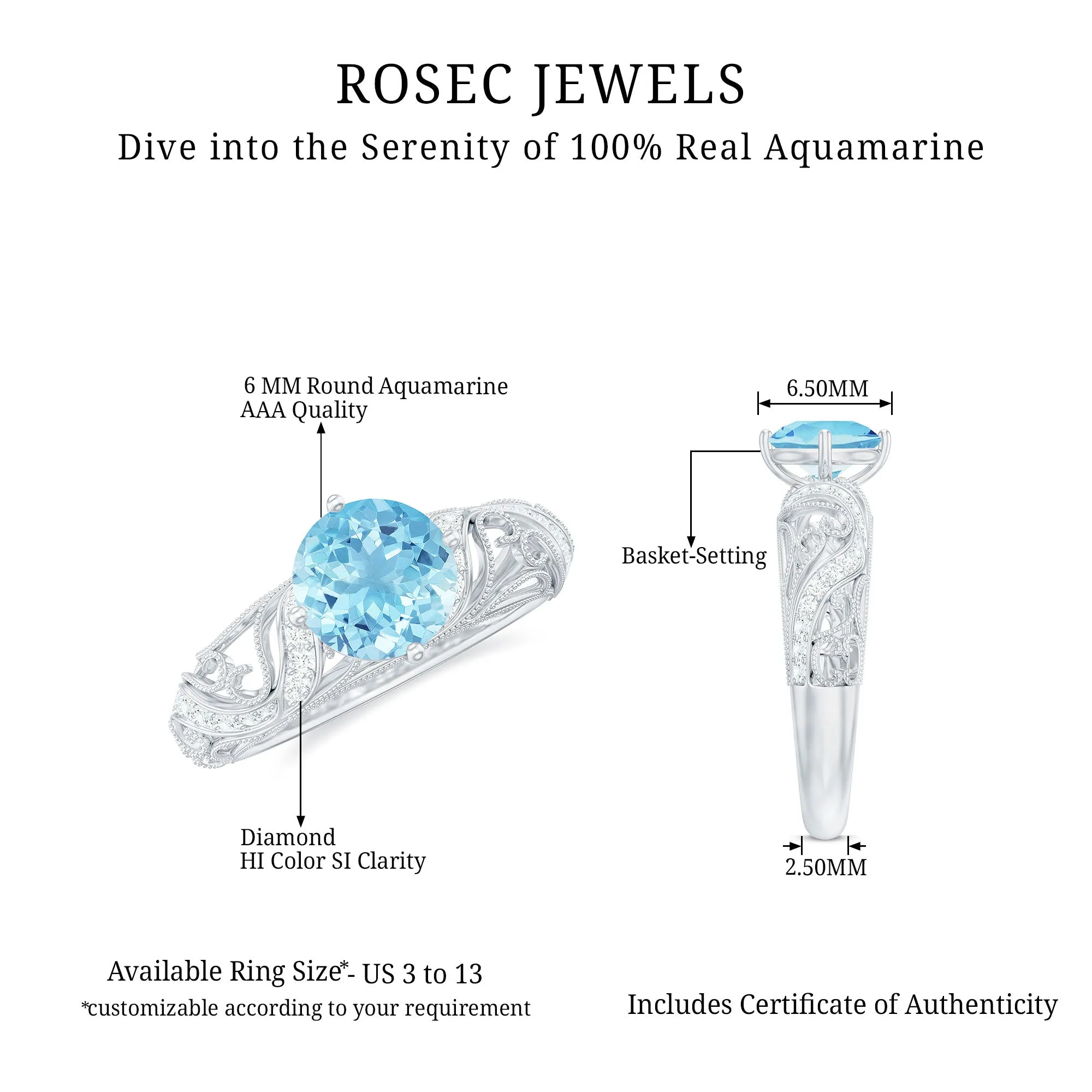 1 CT Vintage Engagement Ring with Aquamarine and Diamond