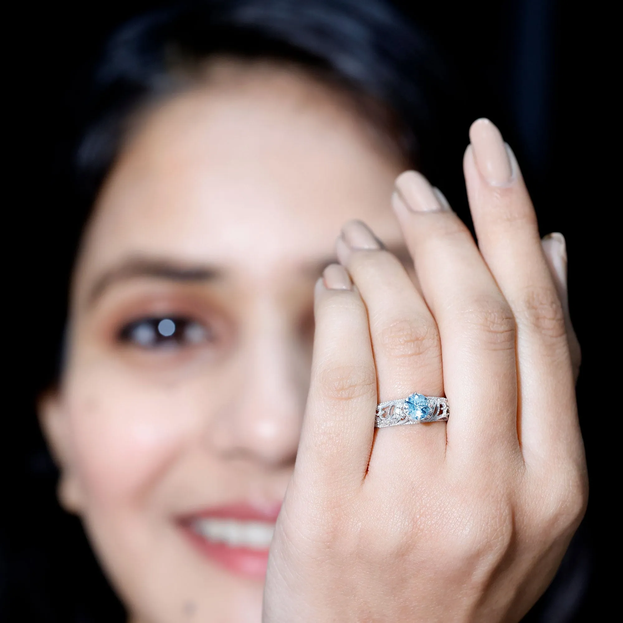 1 CT Vintage Engagement Ring with Aquamarine and Diamond