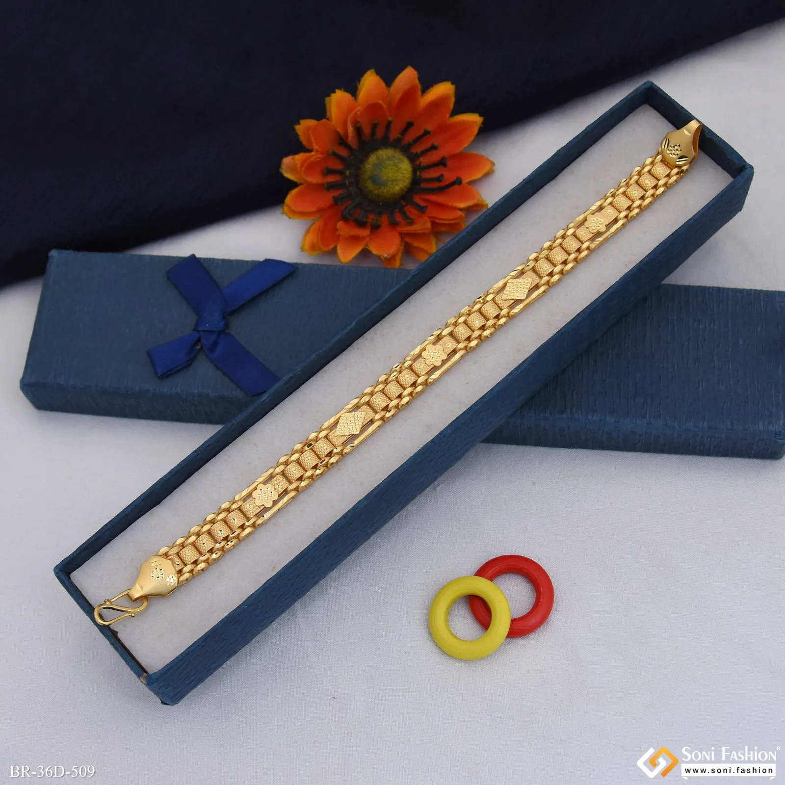 1 Gram Gold Plated Artisanal Design Box Bracelet for Men - Style D509