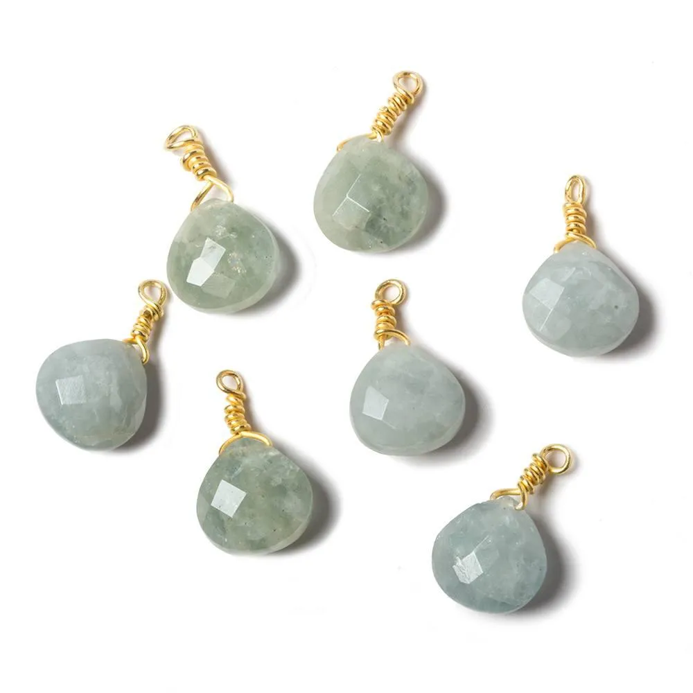 10mm Milky Aquamarine heart Vermeil Wire Wrapped Focal Bead 1 pc