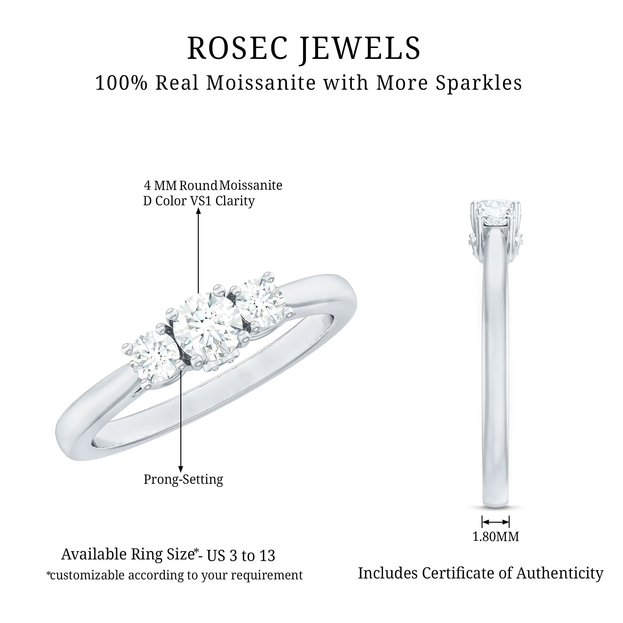 1/2 CT Bright Moissanite 3 Stone Ring for Women