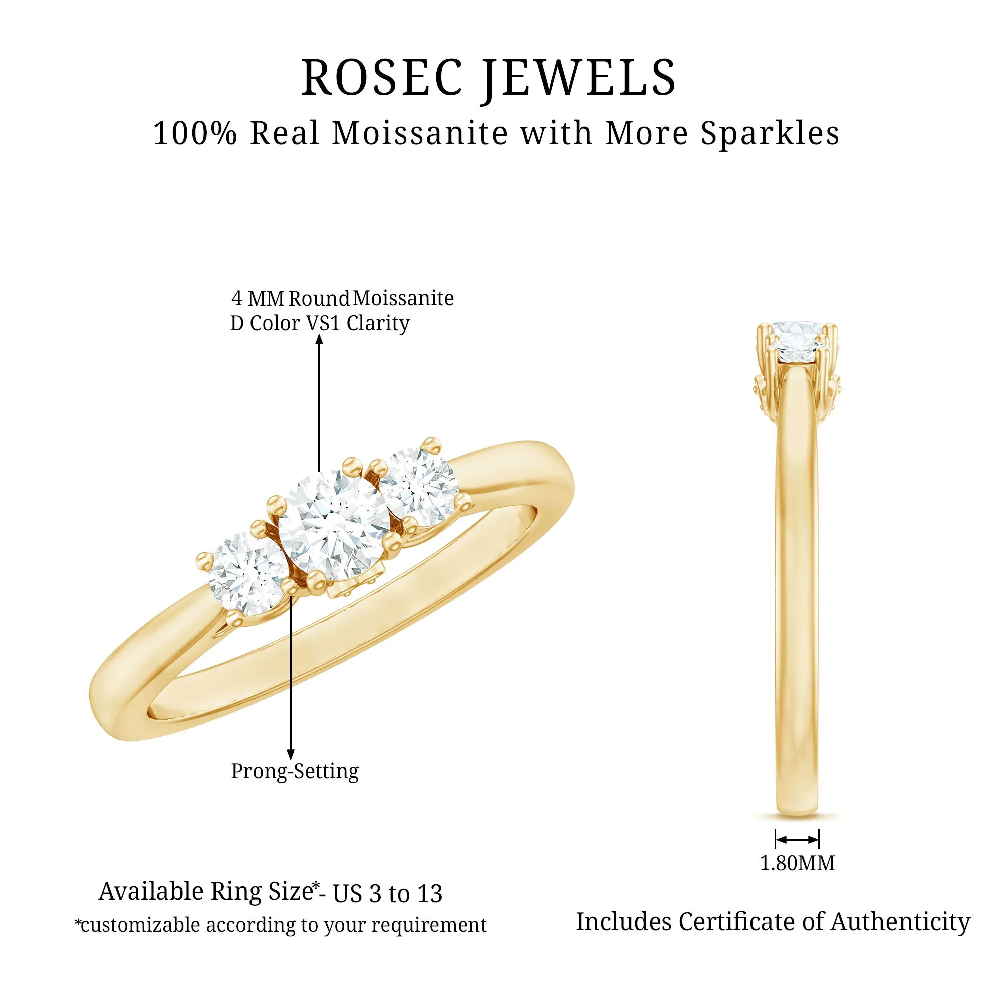 1/2 CT Bright Moissanite 3 Stone Ring for Women