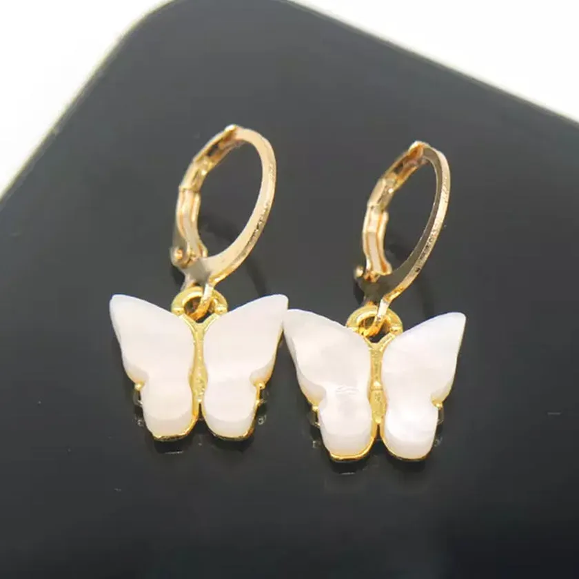 14K Gold and Lab Created Opal Butterfly Drop Earring