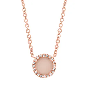 14K Rose Gold Necklace with Pink Opal with Diamond Halo