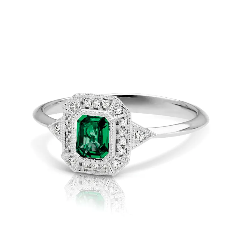 14K White Gold Emerald and Diamond Ring