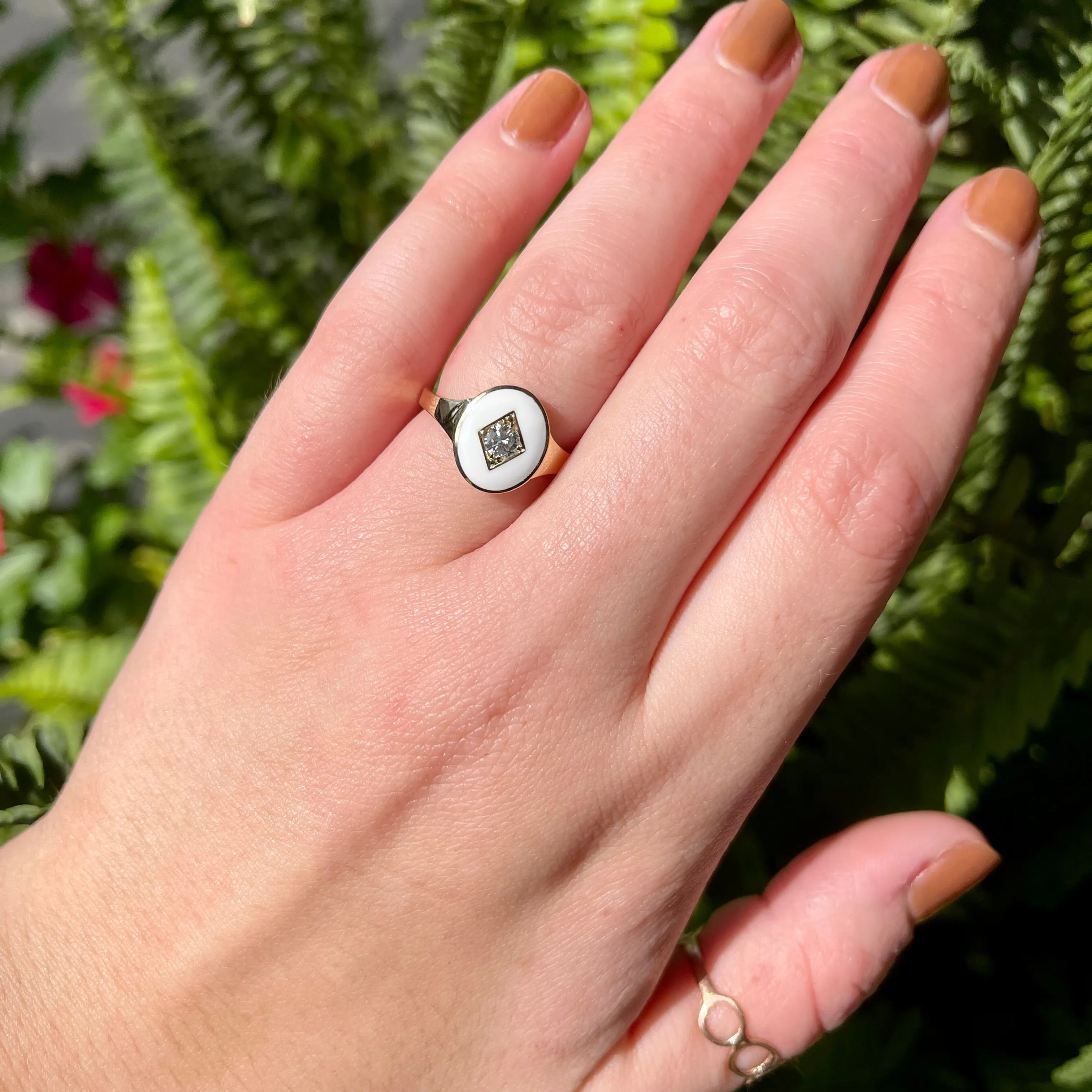 14k Yellow Gold 0.19 Carat Diamond and Enamel Signet Ring