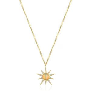 14K Yellow Gold Diamond   Opal Sunburst Pendant