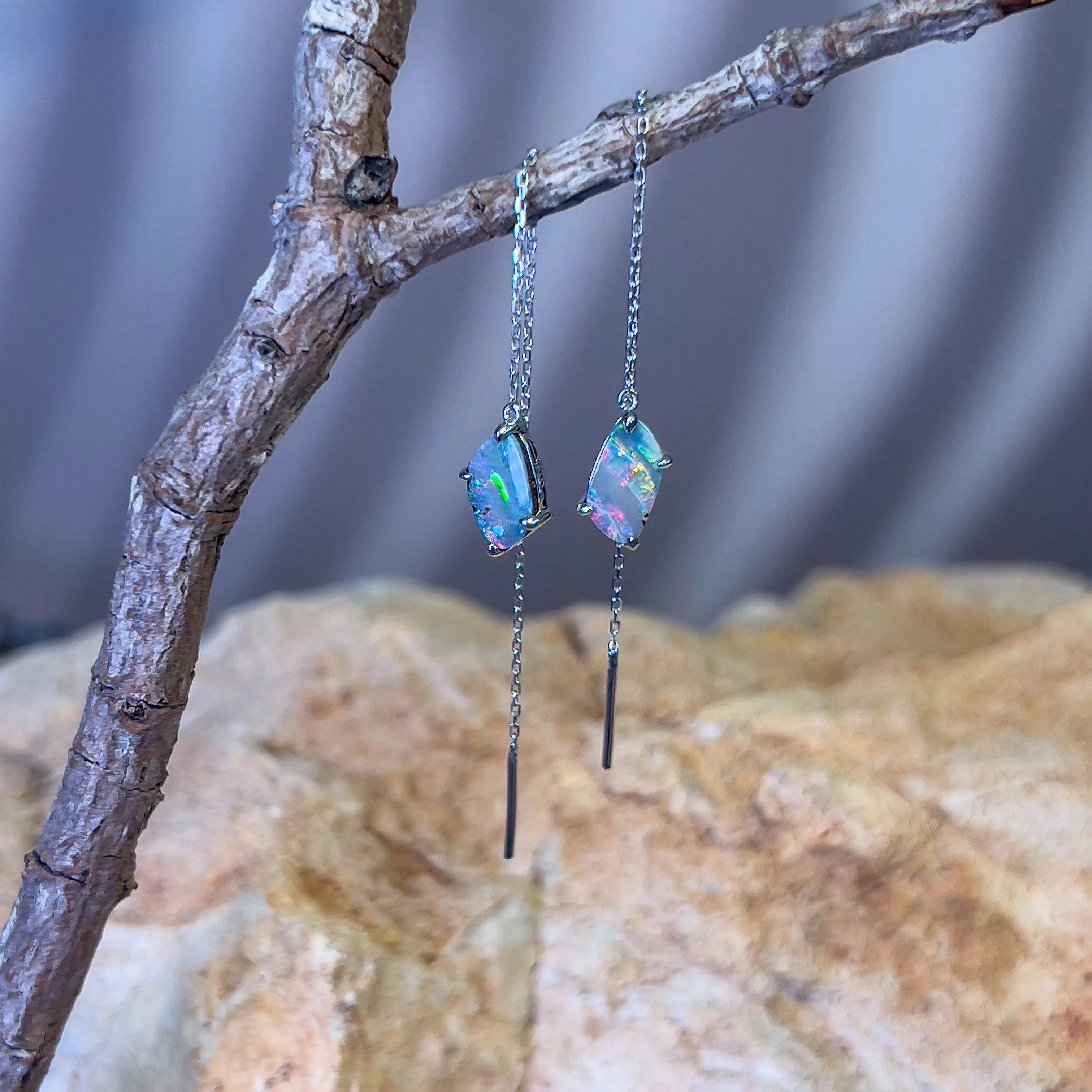 14kt White Gold dangling thread through earrings boulder opal