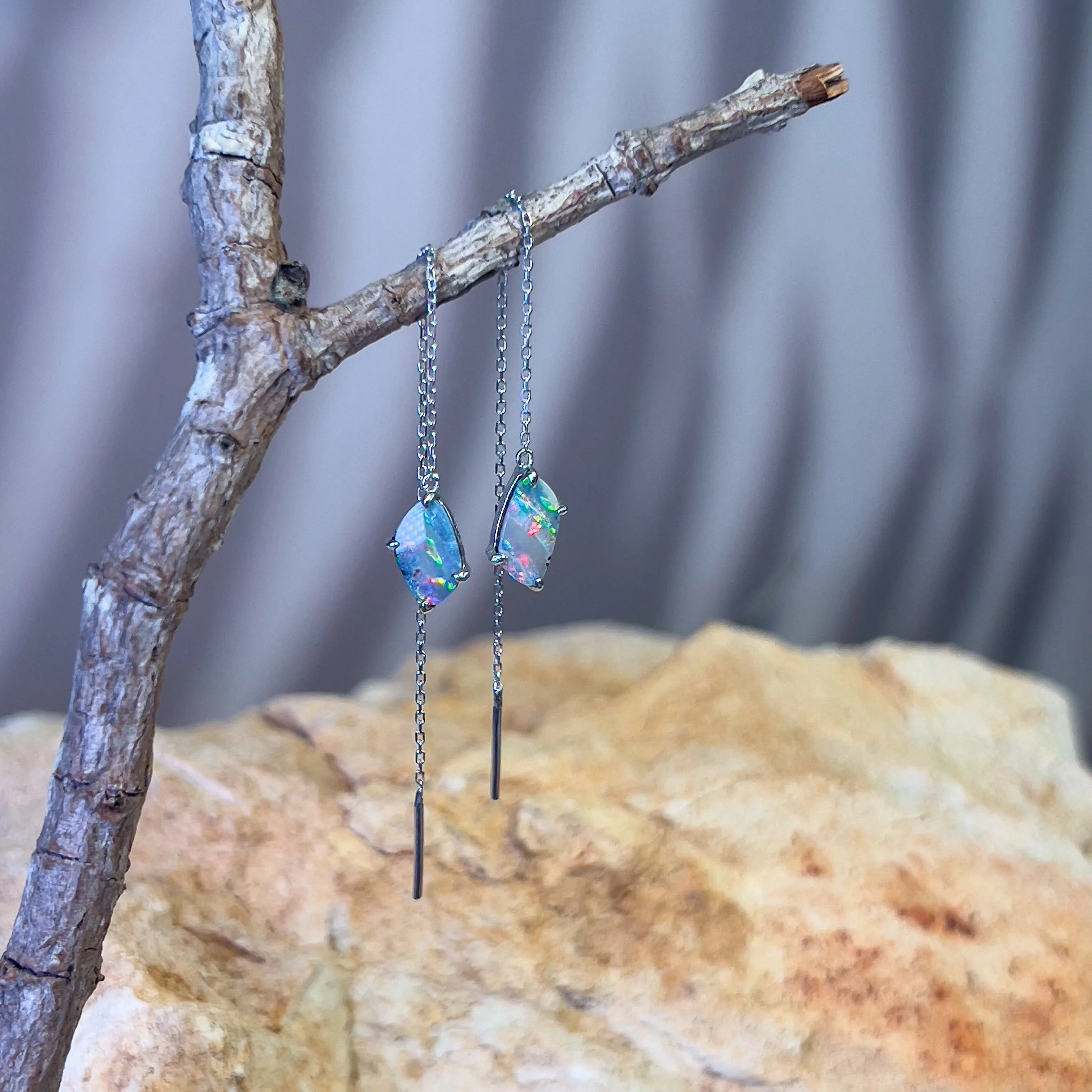 14kt White Gold dangling thread through earrings boulder opal