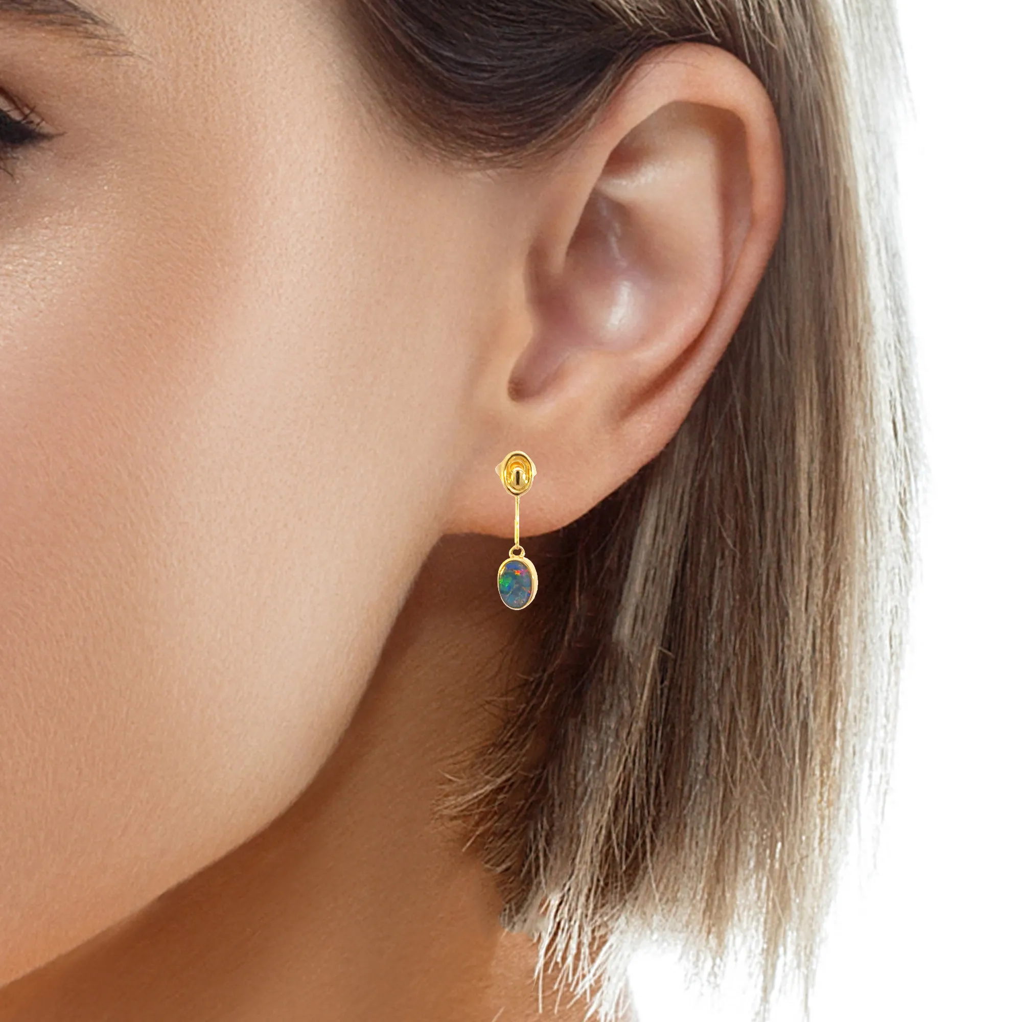 14Kt Yellow Gold Drop Earrings with 1.01ct Opal Doublets - Handmade Dangle Earrings, Birthstone Gift for Her, Dainty Opal Jewelry