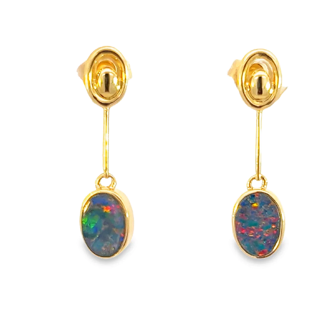 14Kt Yellow Gold Drop Earrings with 1.01ct Opal Doublets - Handmade Dangle Earrings, Birthstone Gift for Her, Dainty Opal Jewelry