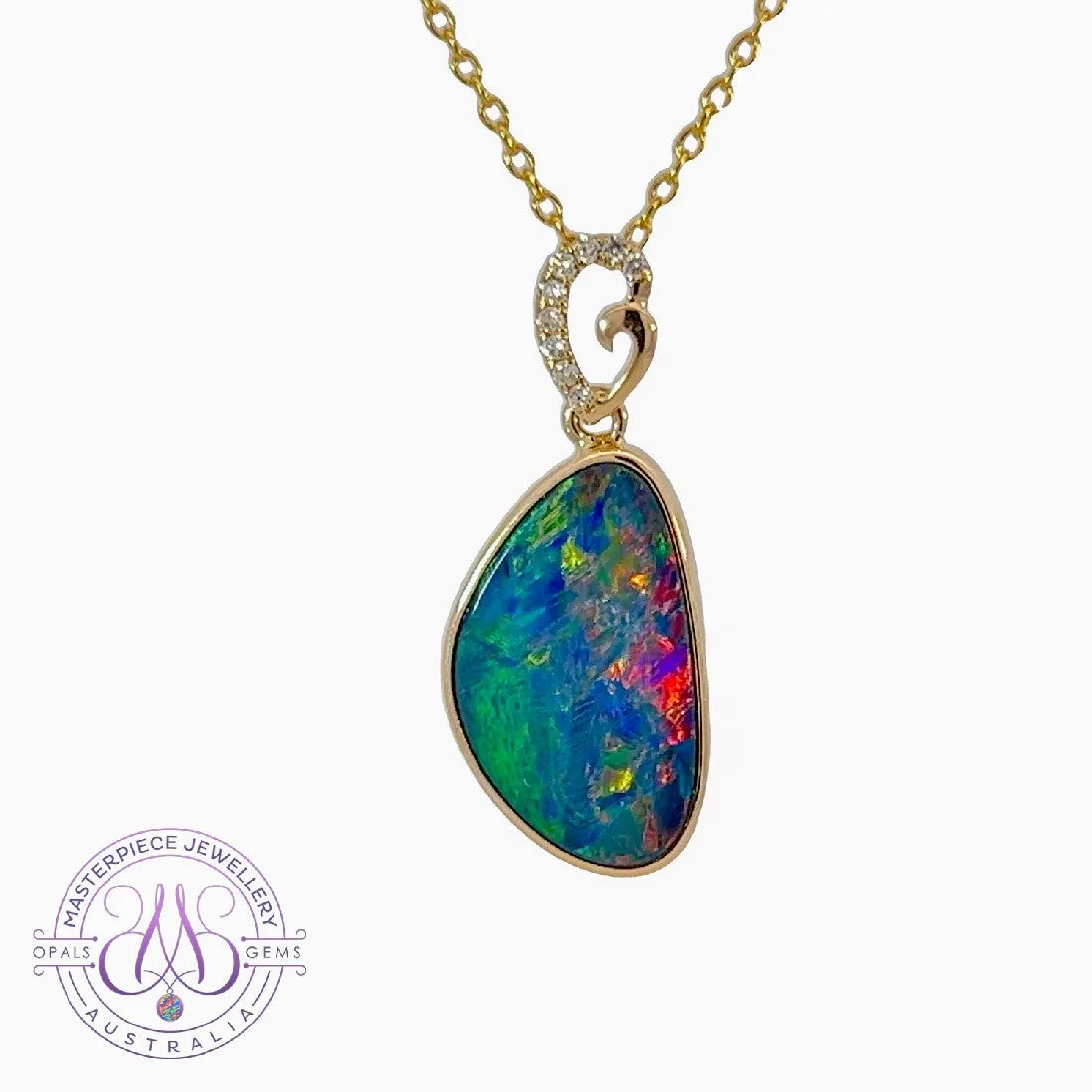 14kt Yellow Gold Red Opal doublet and diamond loop pendant