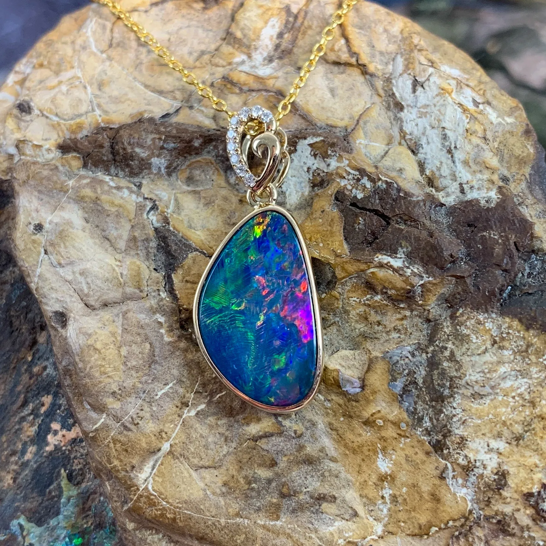 14kt Yellow Gold Red Opal doublet and diamond loop pendant