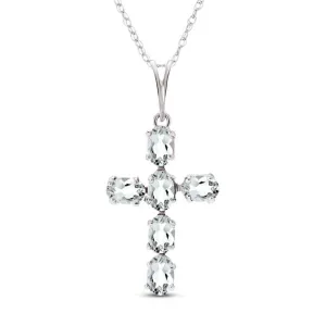 1.5 Carat 14K Solid White Gold Cross Necklace Natural Aquamarine