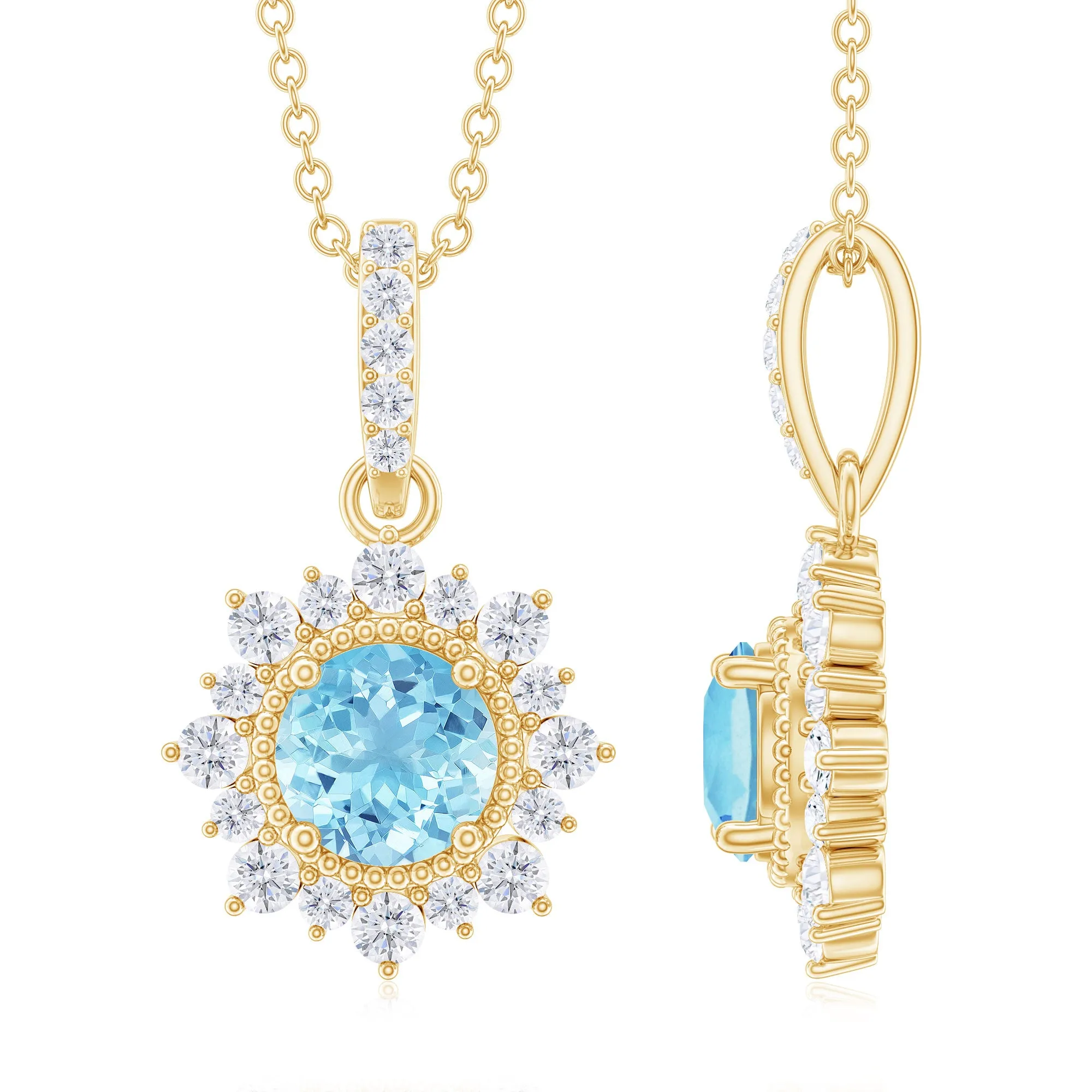 1.50 CT Natural Aquamarine Pendant with Diamond Halo