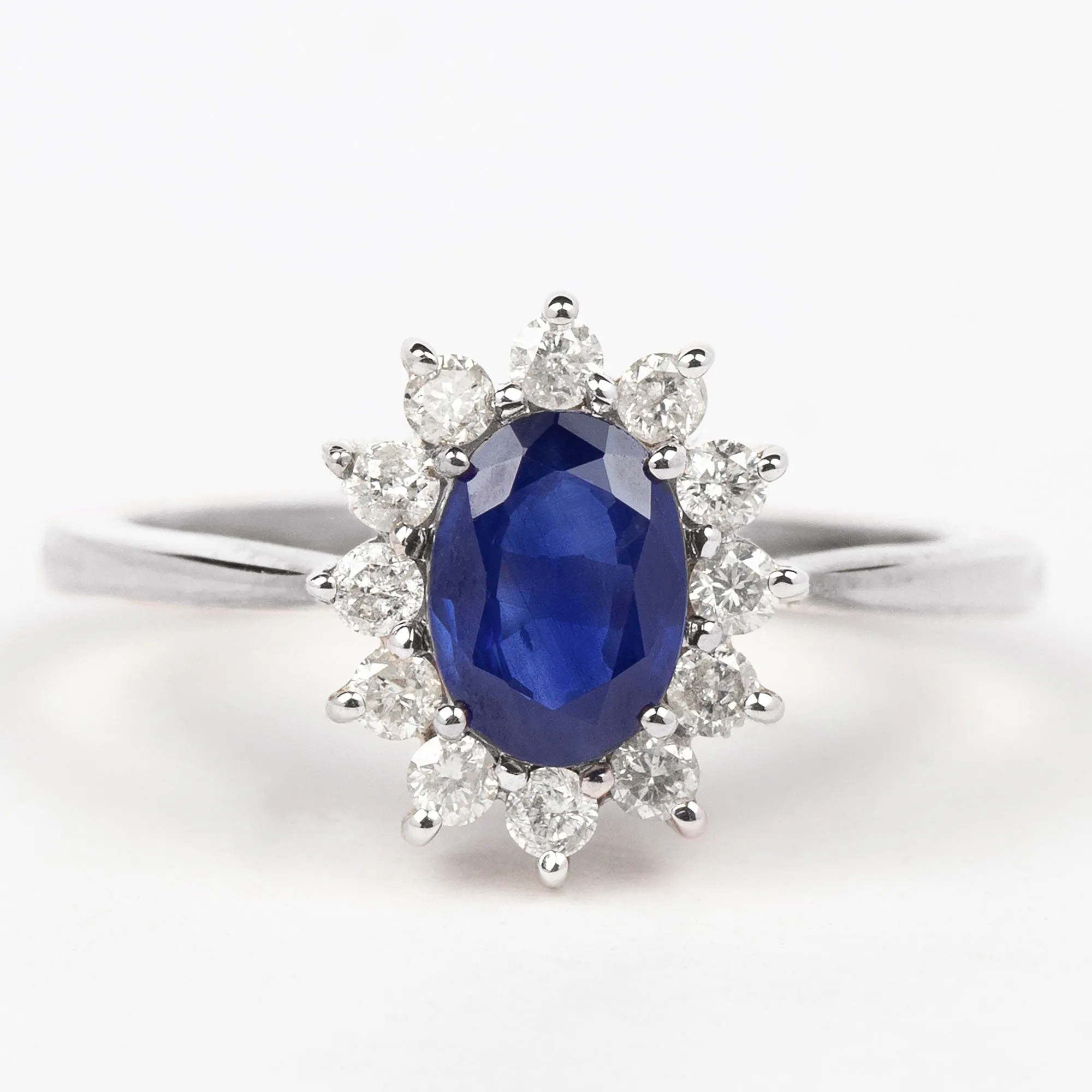 1.50 CT Oval Cut Blue Sapphire Princess Diana Inspired Engagement Ring with Diamond Accent