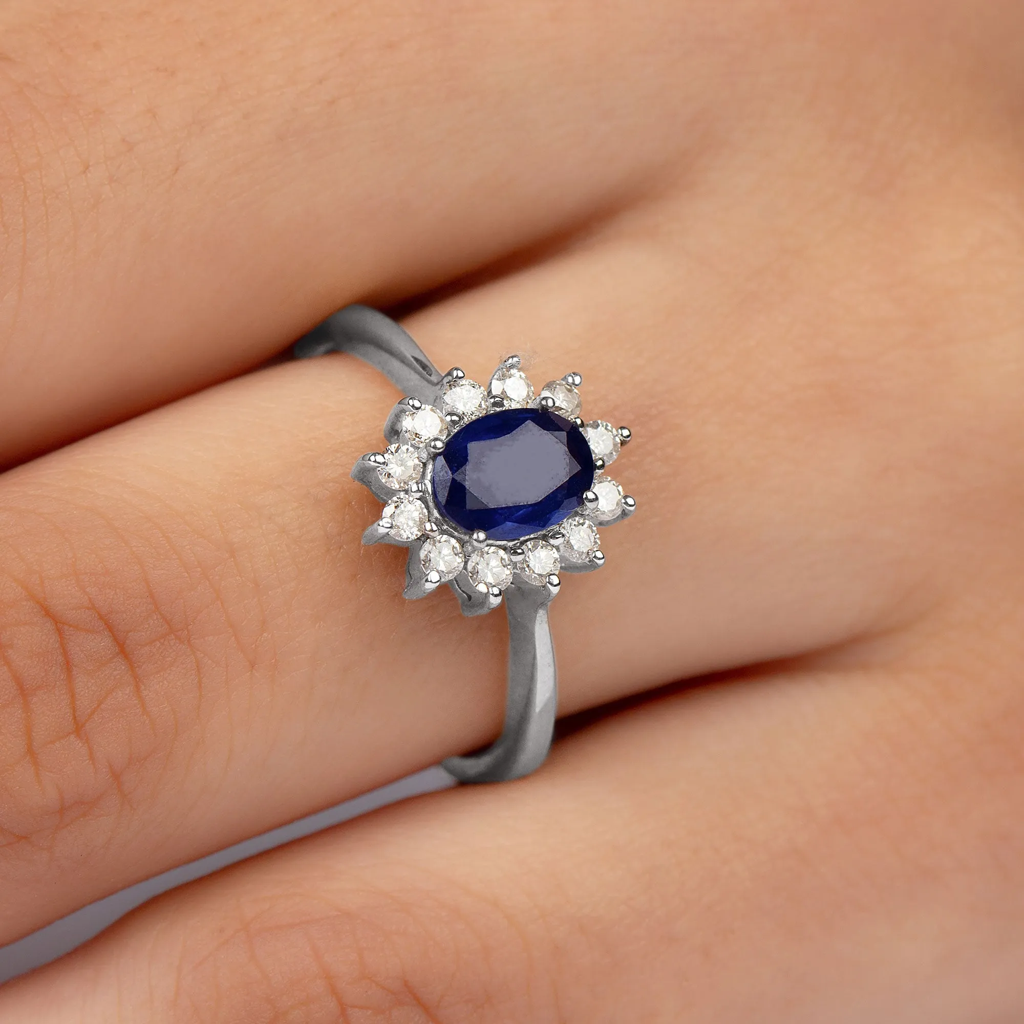 1.50 CT Oval Cut Blue Sapphire Princess Diana Inspired Engagement Ring with Diamond Accent