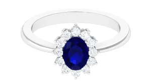 1.50 CT Oval Cut Blue Sapphire Princess Diana Inspired Engagement Ring with Diamond Accent