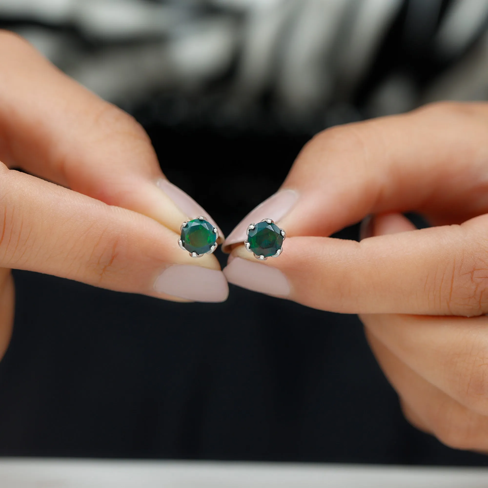 1.50 CT Round Shape Black Opal Solitaire Stud Earrings in Silver