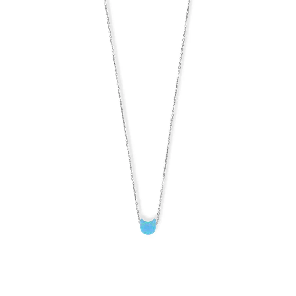 16"   2" Rhodium Plated Synthetic Opal Kitty Cat Face Necklace