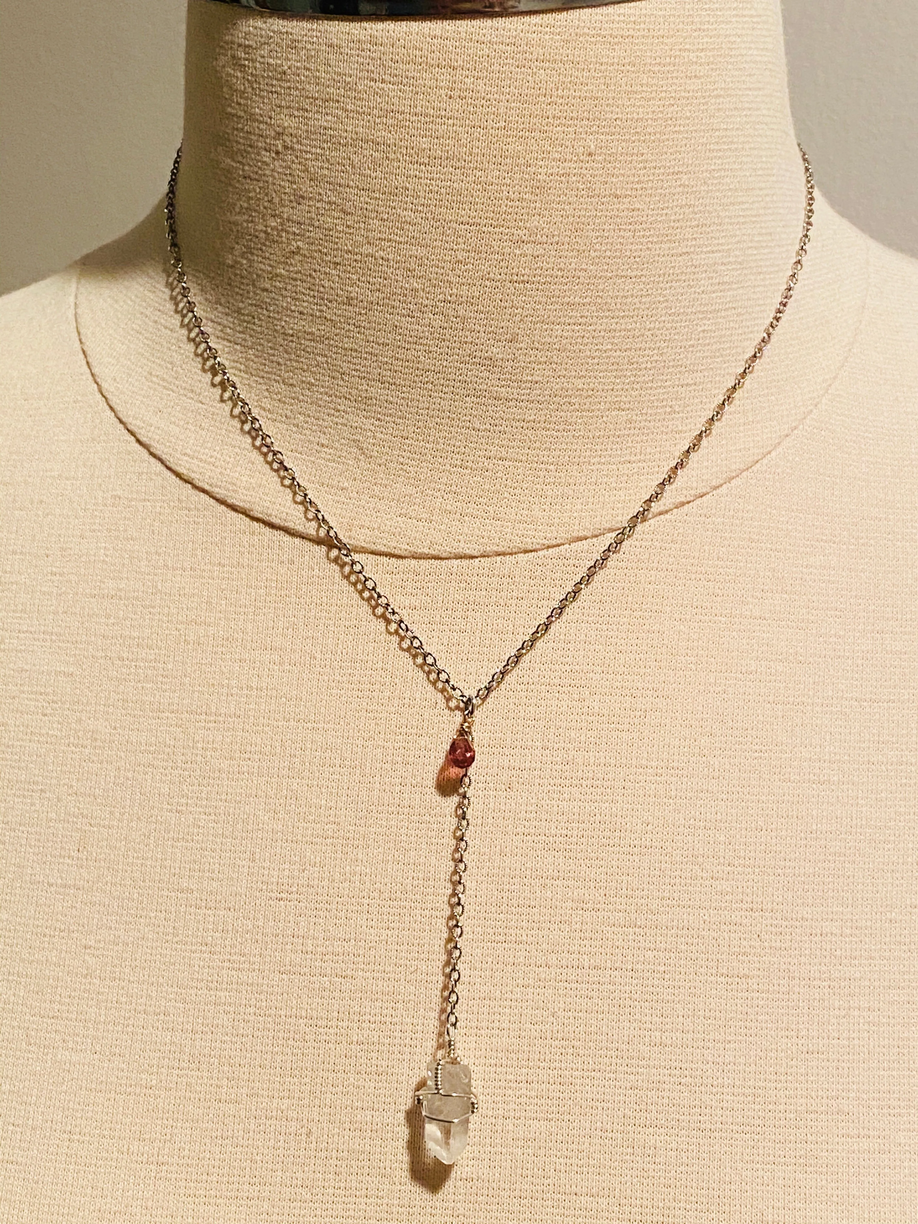 16" Wrapped Quartz Crystal Point Sterling Y Chain Drop Necklace