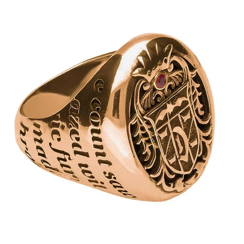 18ct Rose Gold Whitby Jet Ruby Dracula Crest Replica Signet Ring
