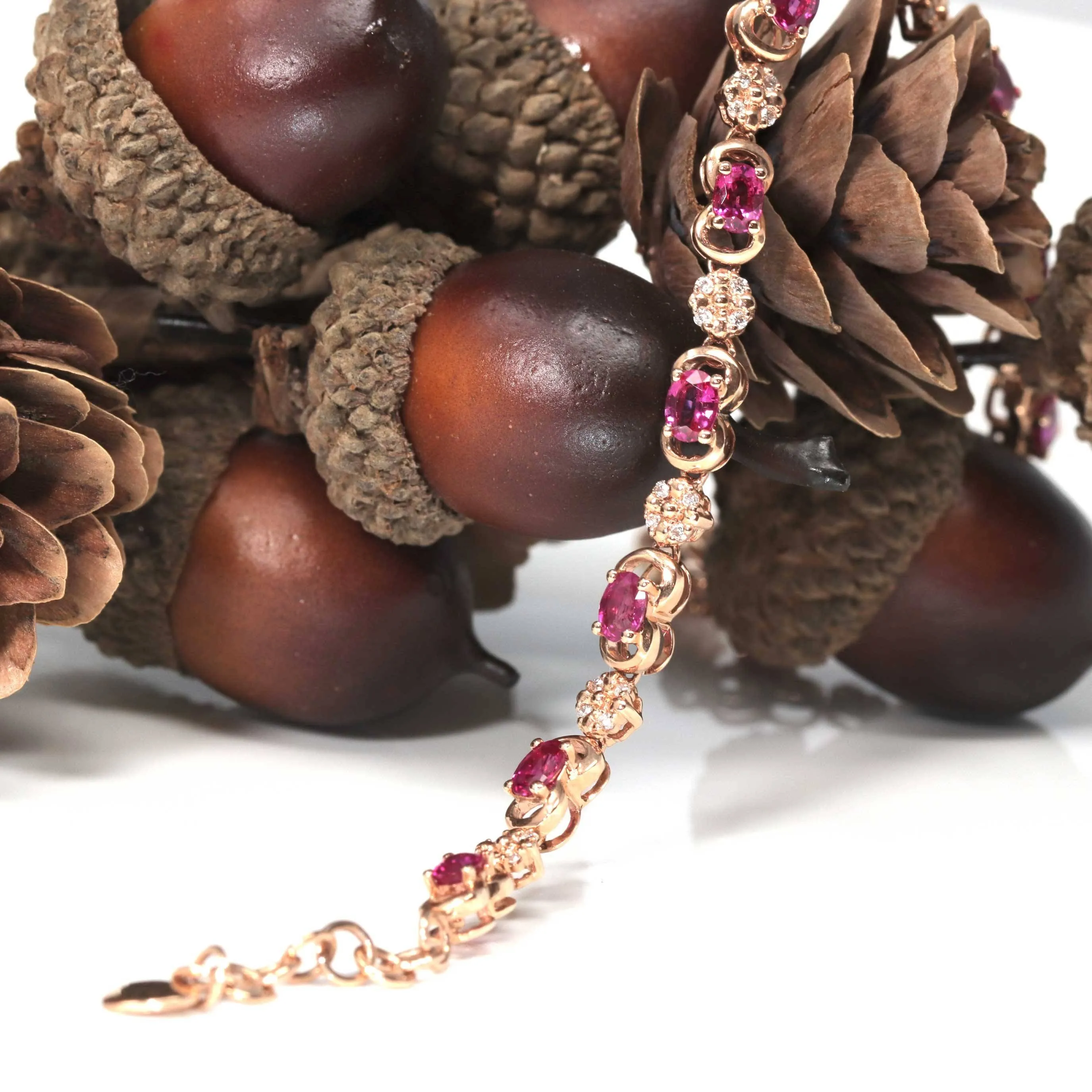 18K Rose Gold Natural Ruby and Diamond Link Bracelet