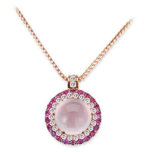 18K Rose Gold Pendant Necklace With Diamonds Sapphires And Rose Quartz