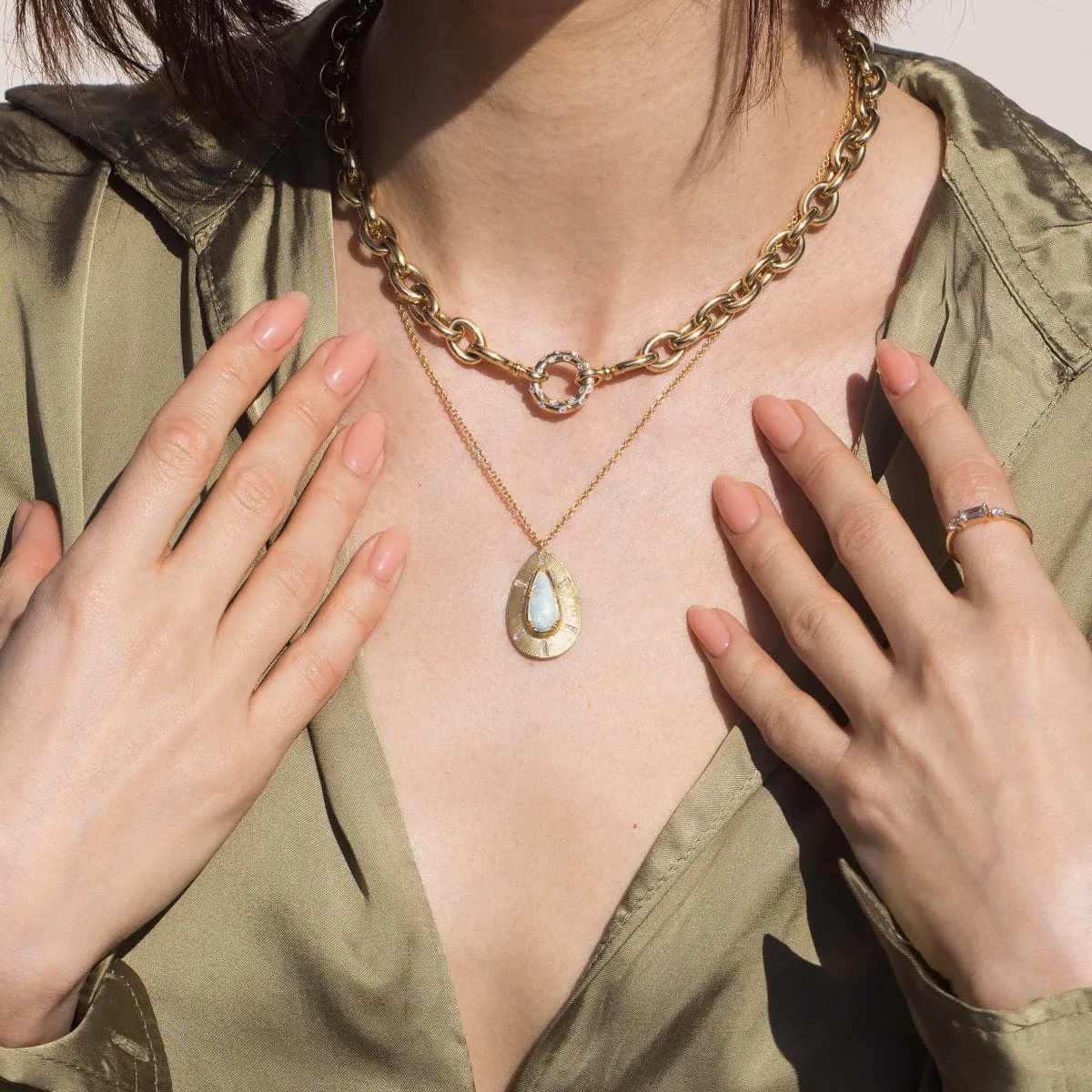 18k Shield Opal Diamond Teardrop Necklace - OOAK