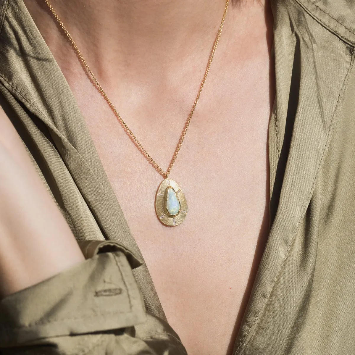 18k Shield Opal Diamond Teardrop Necklace - OOAK