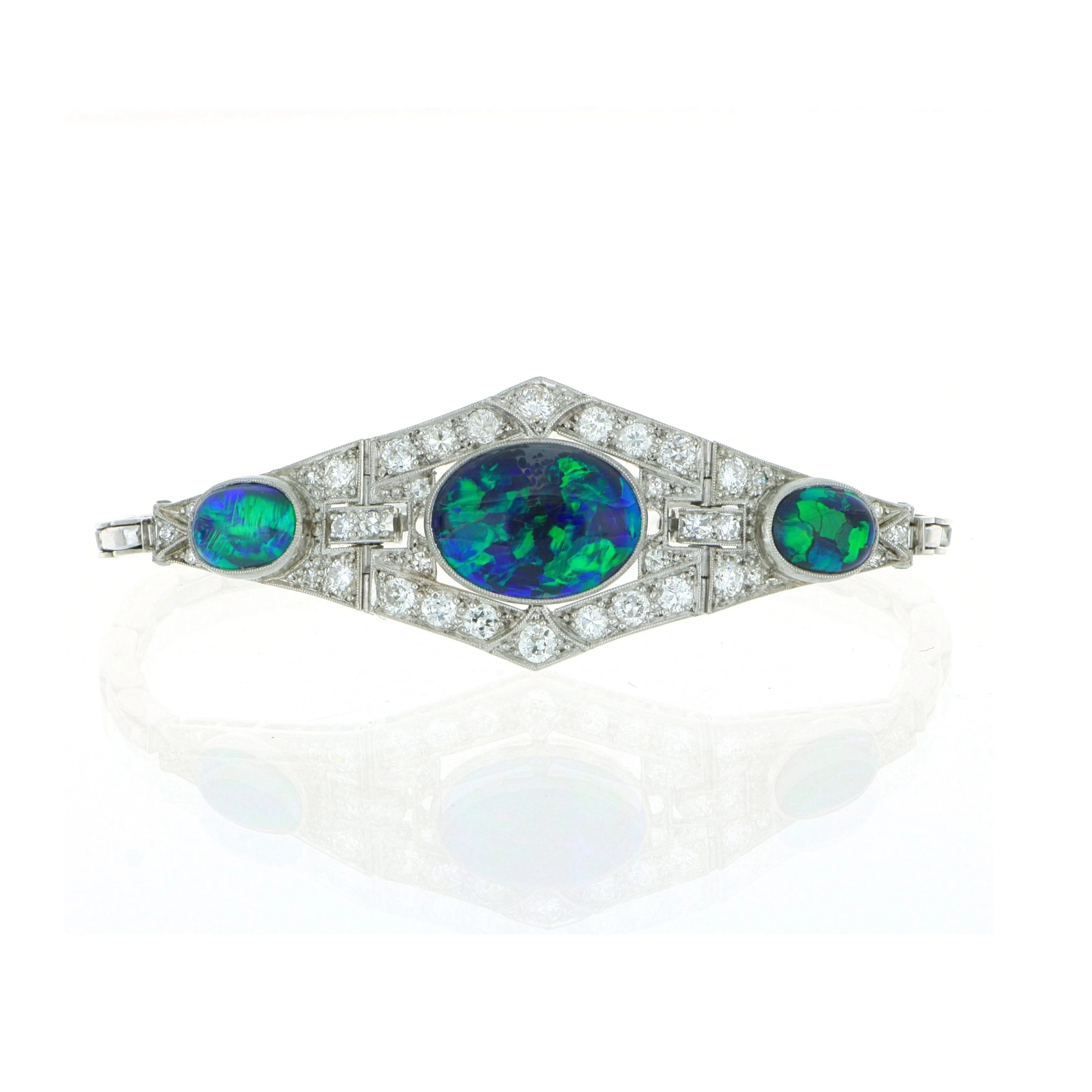 18k White Gold and Platinum GIA Certified Natural Black Opal and Diamond Accented Bracelet