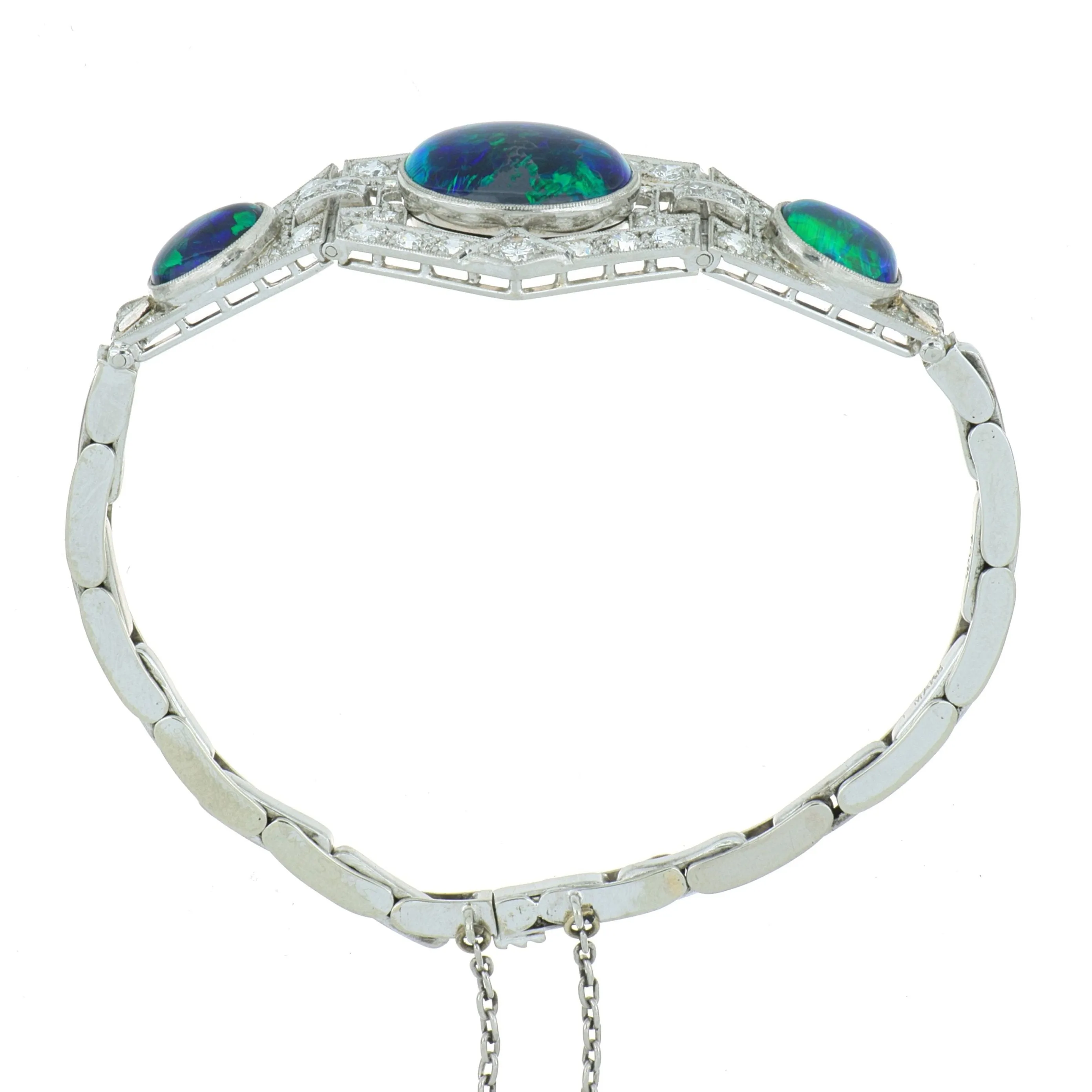 18k White Gold and Platinum GIA Certified Natural Black Opal and Diamond Accented Bracelet