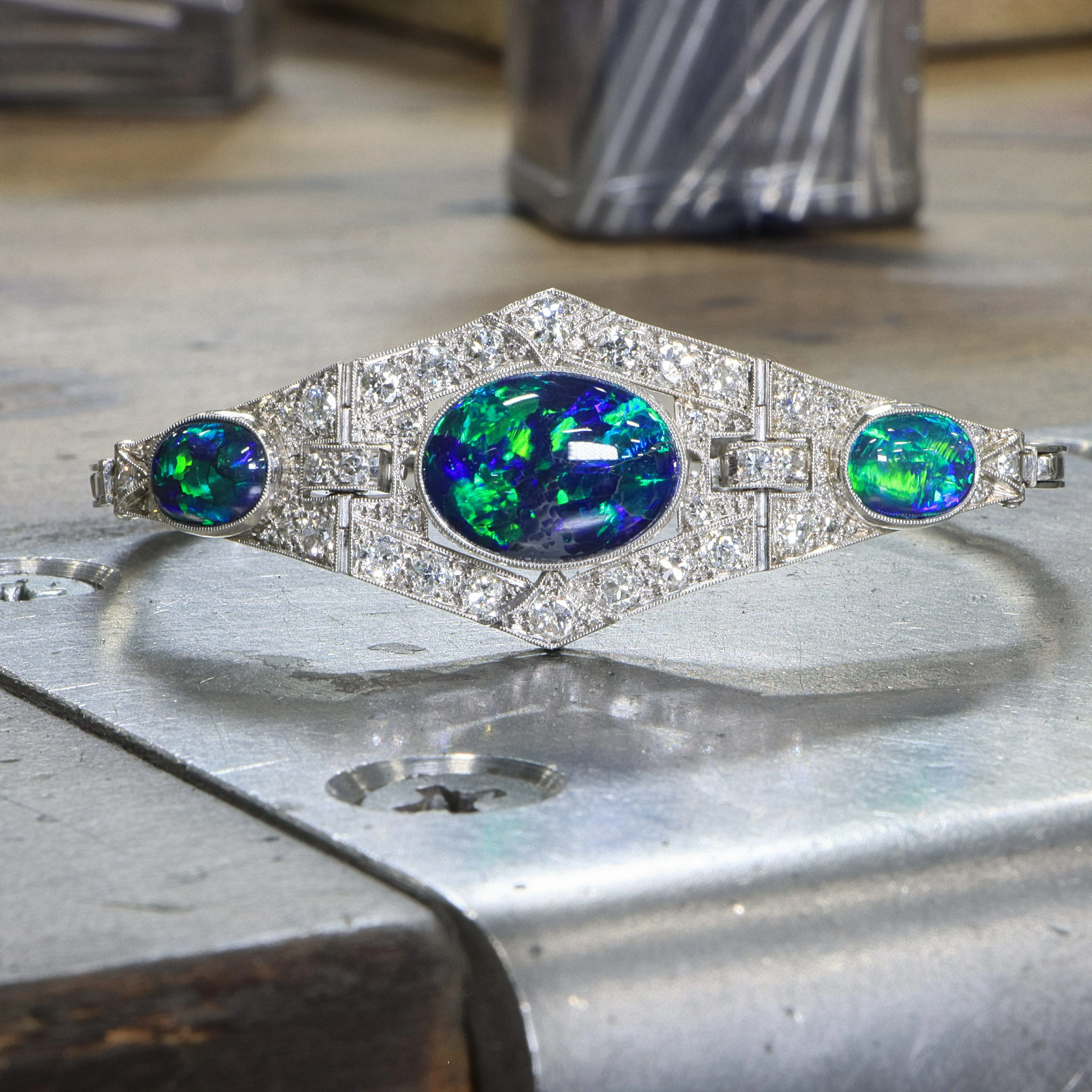 18k White Gold and Platinum GIA Certified Natural Black Opal and Diamond Accented Bracelet