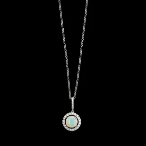 18K White Gold Estate Opal and Diamond Pendant Necklace