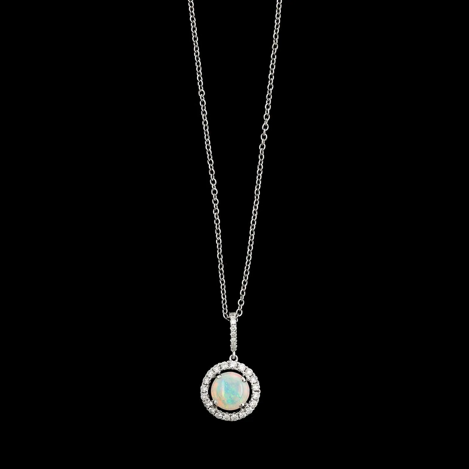 18K White Gold Estate Opal and Diamond Pendant Necklace