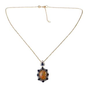 18K Yellow Gold Opal Peach Sapphire Diamond Pendant Necklace