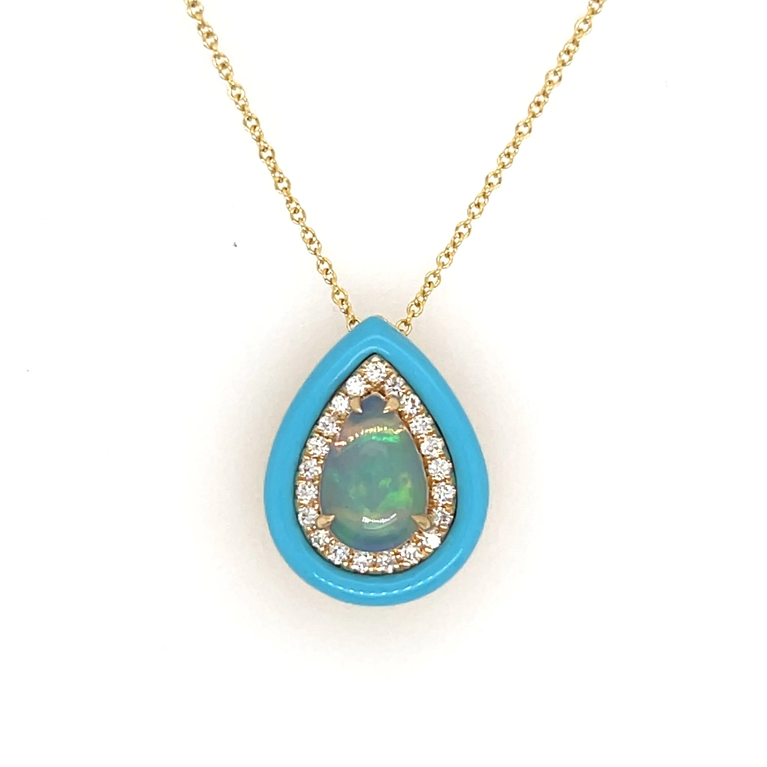 18K Yellow Gold Opal Turqoise and Diamond Necklace