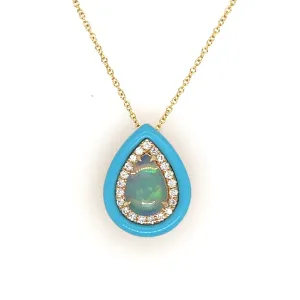 18K Yellow Gold Opal Turqoise and Diamond Necklace