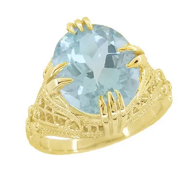1920's Yellow Gold Art Deco 4.5 Carat Oval Aquamarine Filigree Ring