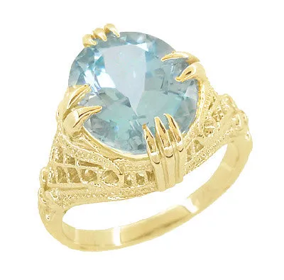 1920's Yellow Gold Art Deco 4.5 Carat Oval Aquamarine Filigree Ring