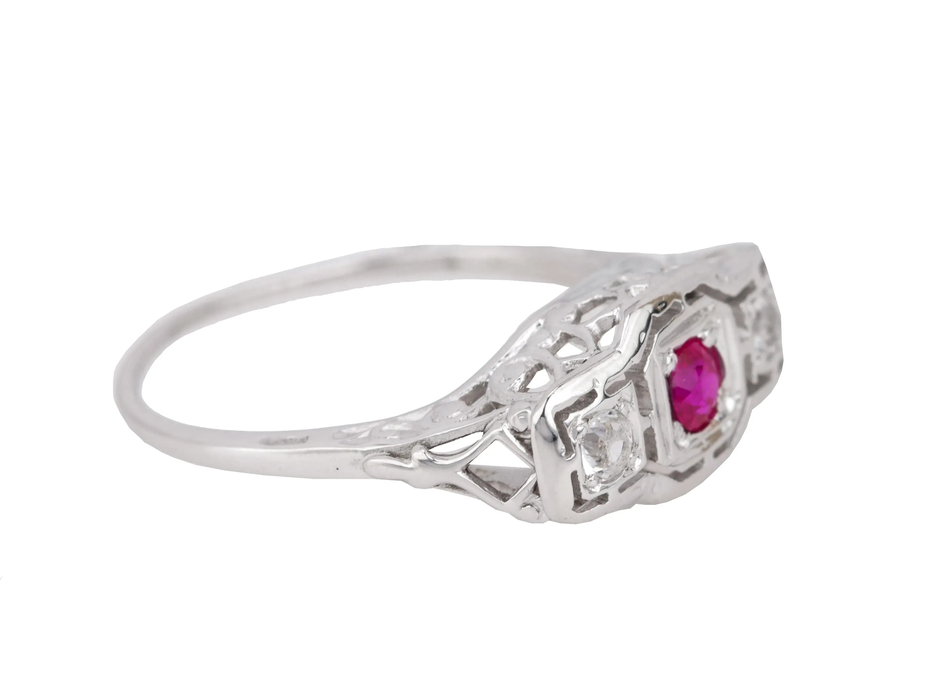 1930's Antique Art Deco 14K White Gold Red Glass Cubic Zirconia Cocktail Ring