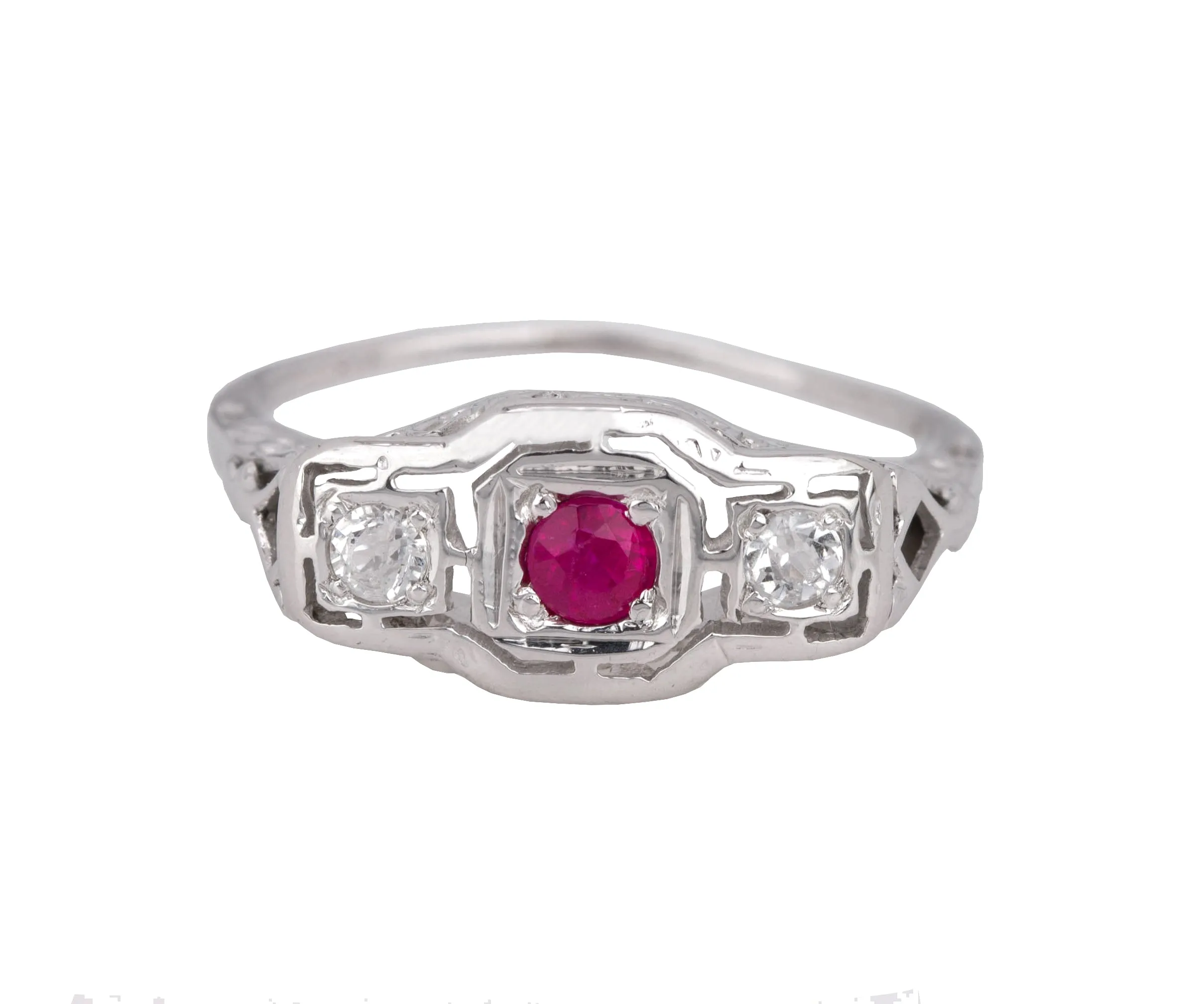 1930's Antique Art Deco 14K White Gold Red Glass Cubic Zirconia Cocktail Ring