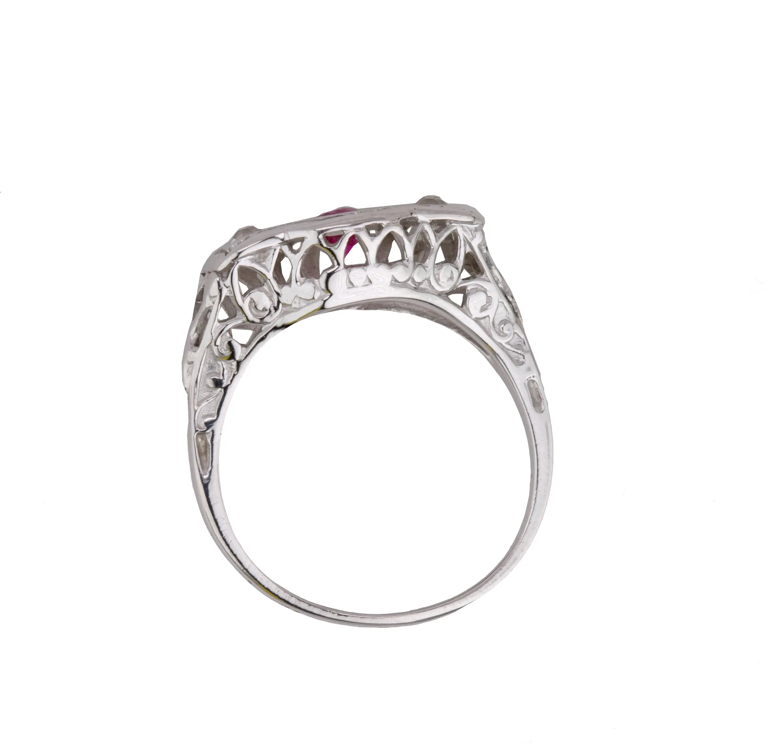 1930's Antique Art Deco 14K White Gold Red Glass Cubic Zirconia Cocktail Ring