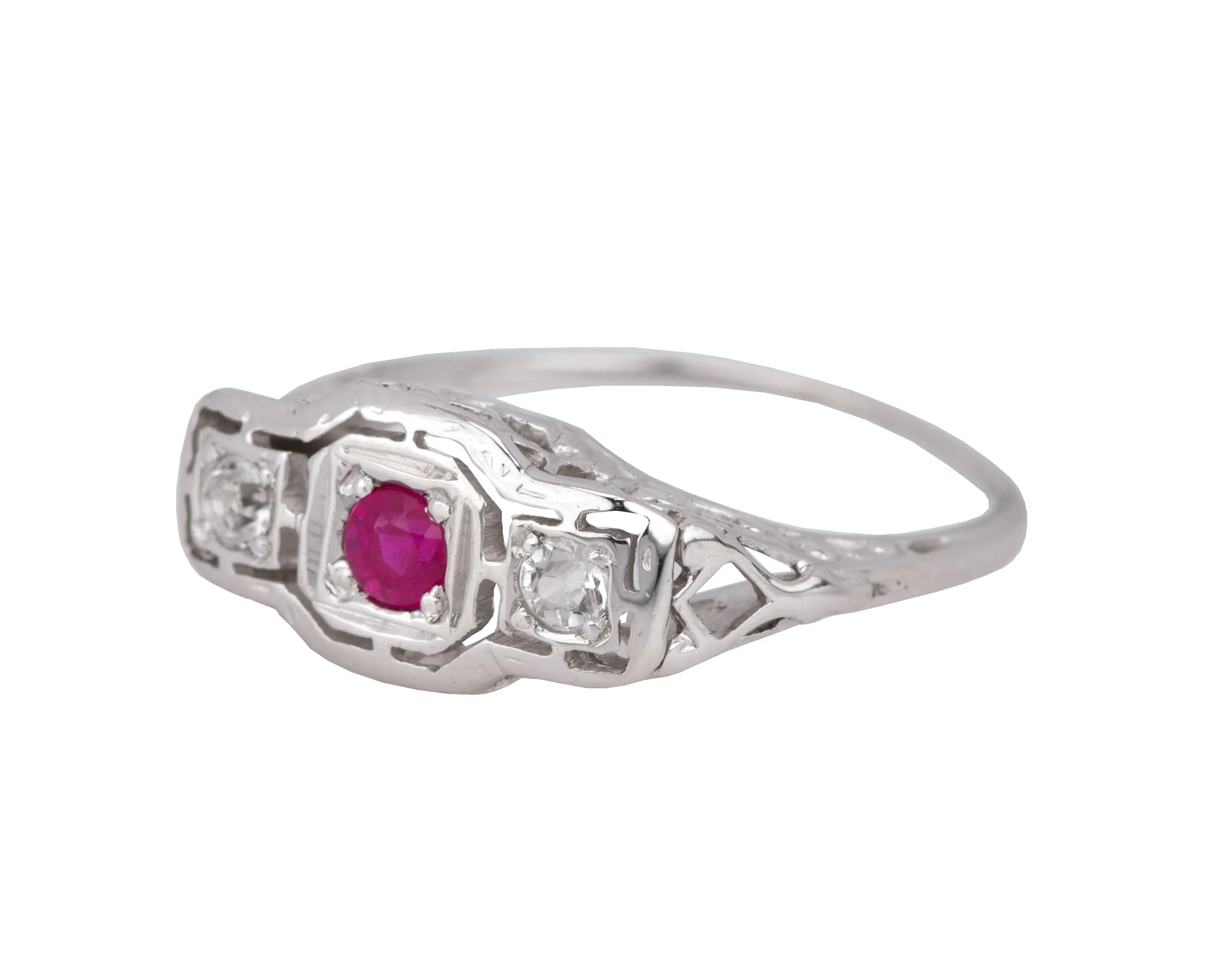 1930's Antique Art Deco 14K White Gold Red Glass Cubic Zirconia Cocktail Ring