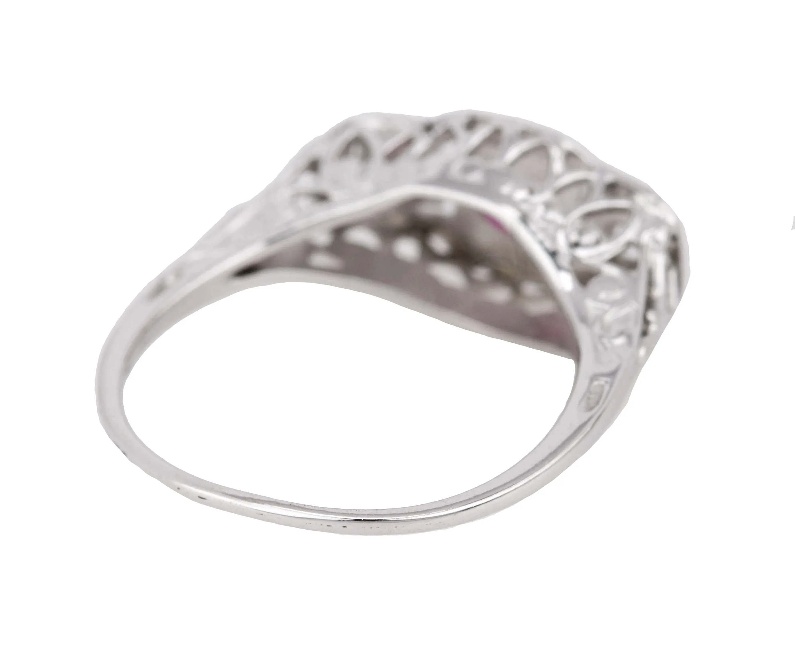 1930's Antique Art Deco 14K White Gold Red Glass Cubic Zirconia Cocktail Ring
