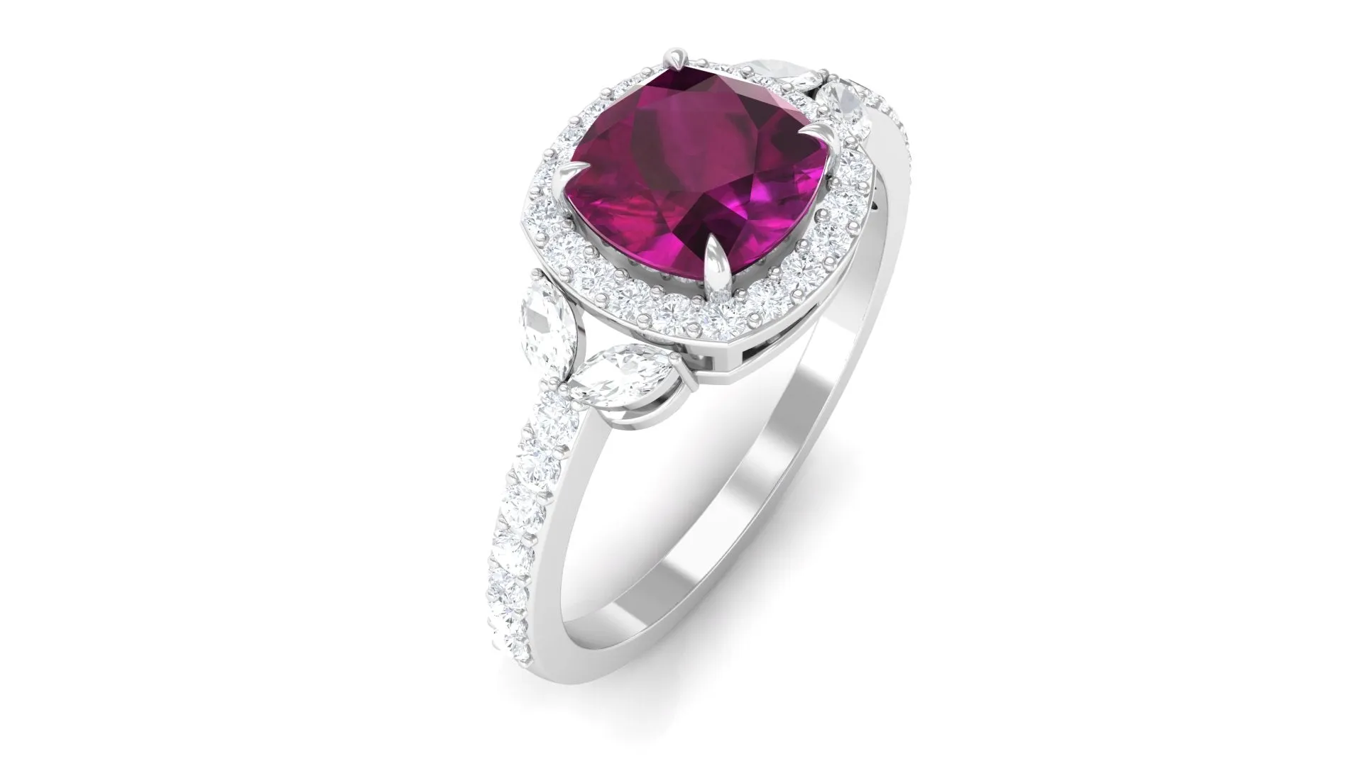 2 CT Cushion Cut Rhodolite Halo Engagement Ring with Diamond