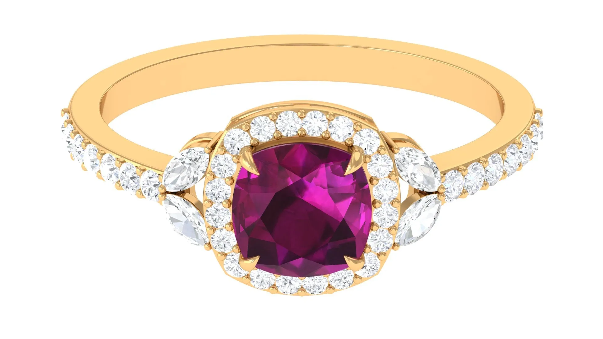 2 CT Cushion Cut Rhodolite Halo Engagement Ring with Diamond